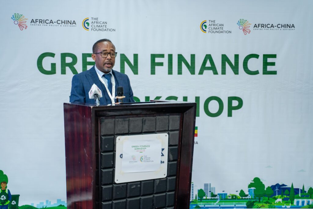 IMAGE: Dr. Gebre Tafere, Dean of the College of Social Sciences and Humanities at Debre Berhan University, delivering the keynote address at the Green Finance Workshop in Addis Ababa.